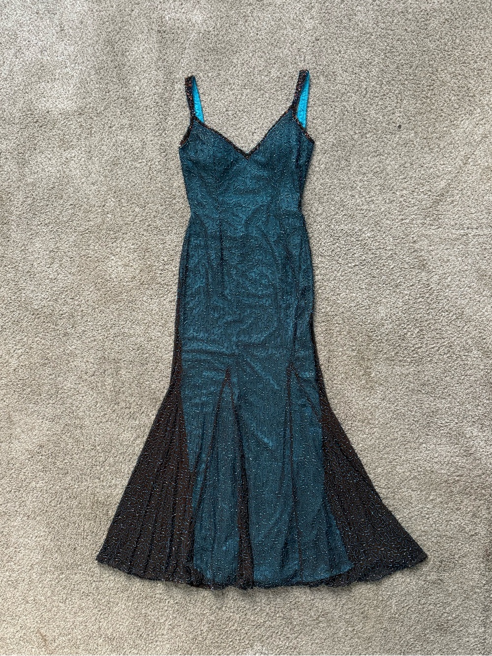 Glam Teal Silk Beaded Evening Gown